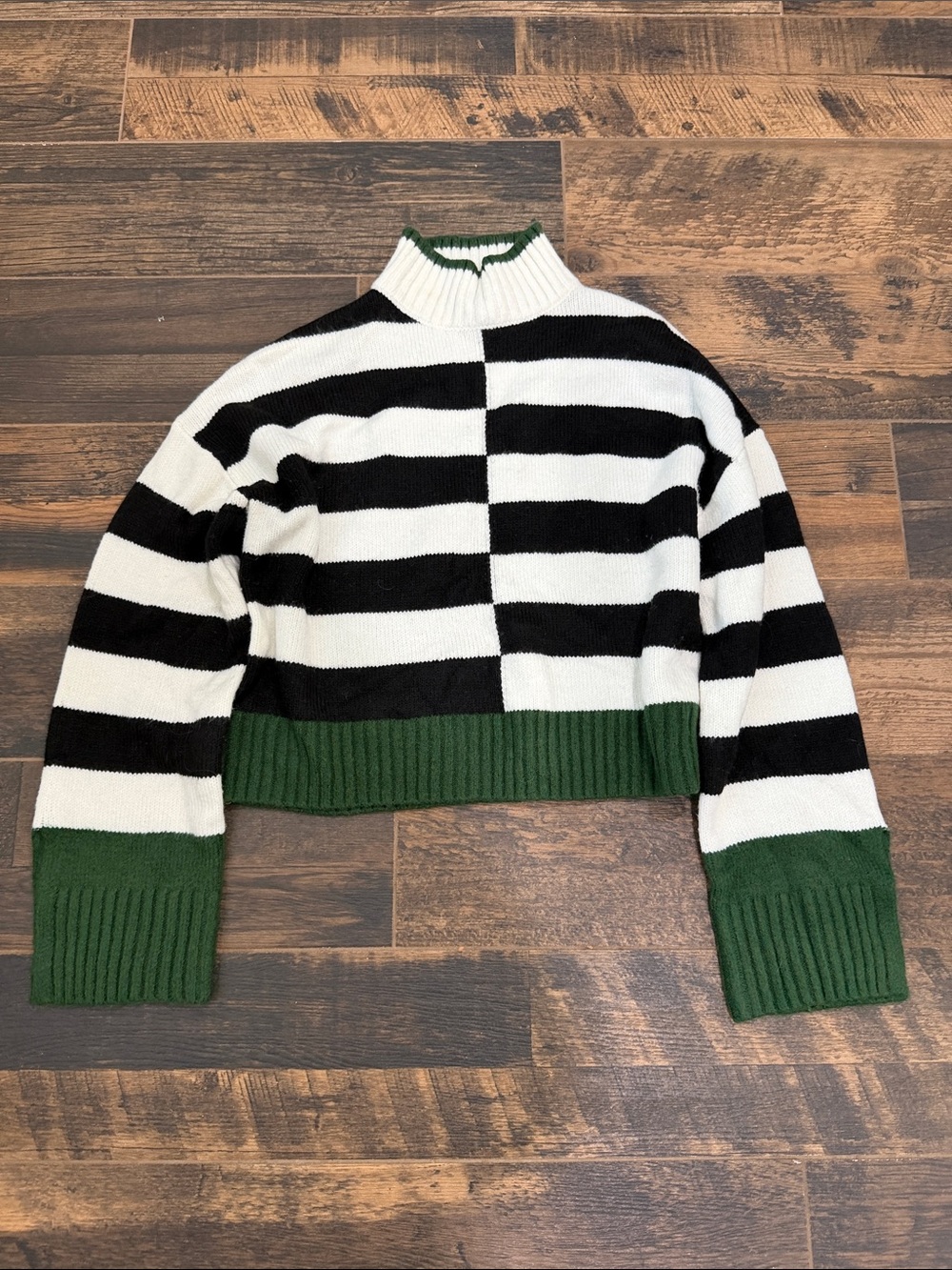 William Rast Black & White Striped Cropped Turtleneck Sweater with Green Trim